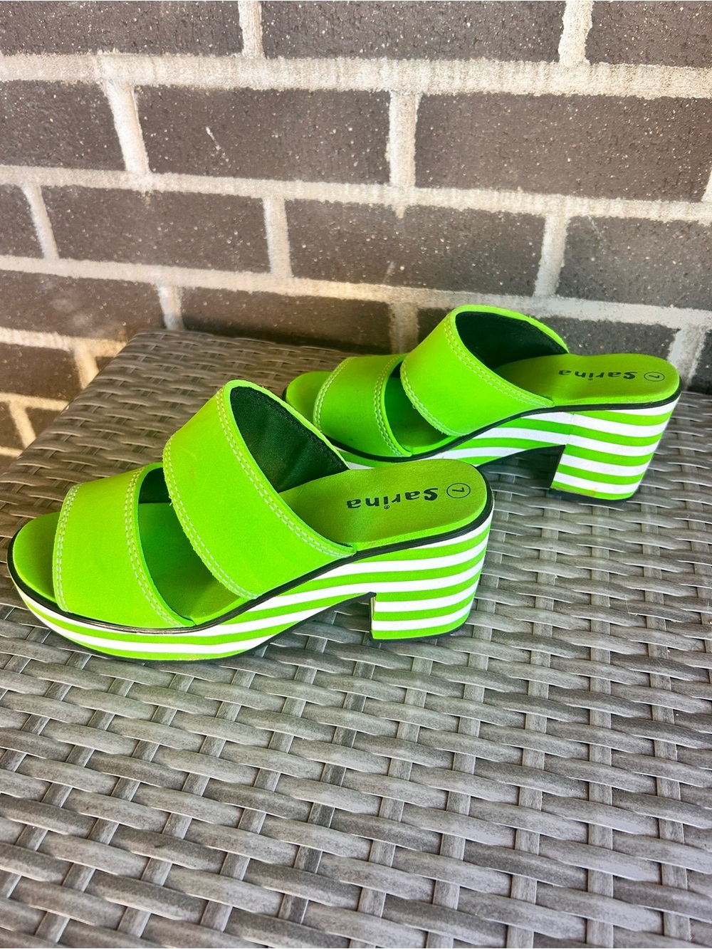 Lime Green Foam Striped Block Heel Slide Sandals - Size 7